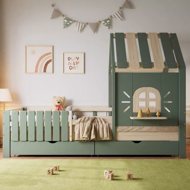 Letto per bambini a casetta 90x200 cm con tetto; finestra e 2 cassetti; in legno massello e MDF; verde