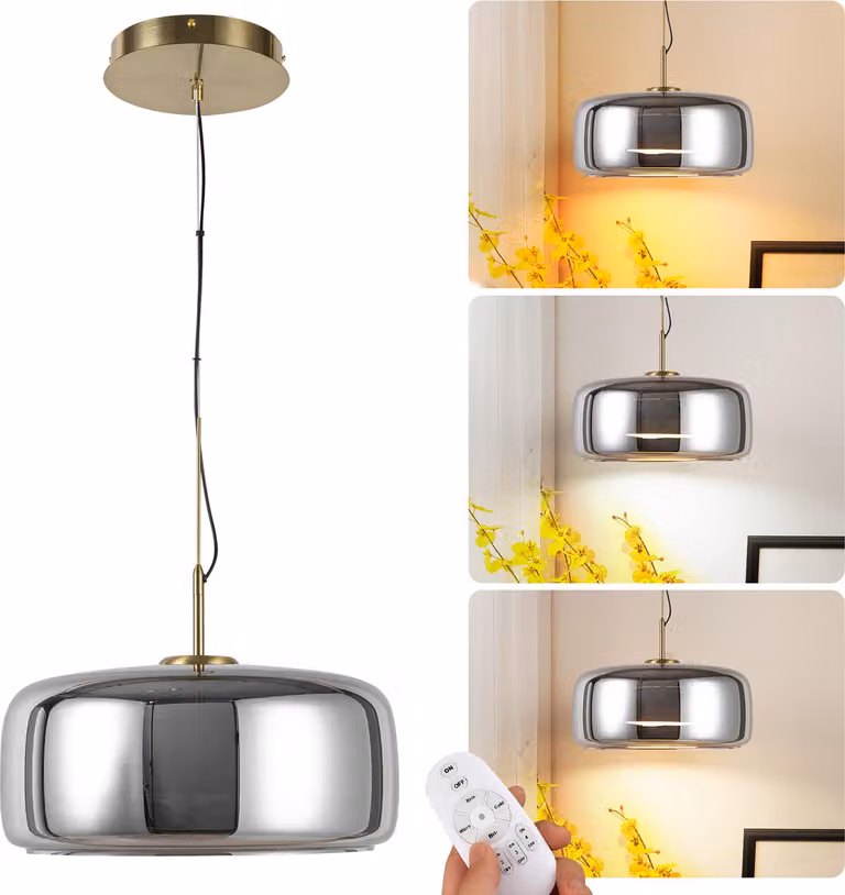 Lampada a sospensione a LED Ø38 cm 25W dimmerabile con telecomando - Vetro grigio fumo e anello in metallo - 2700K-6500K - Design moderno