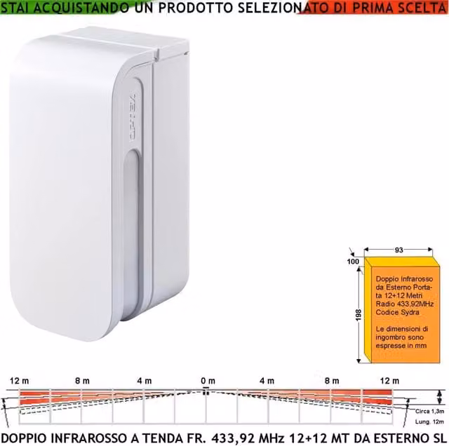 Rilevatore di movimento esterno Securvera a doppia tenda con tecnologia infrarossa, portata 12+12 metri lineari, comunicazione wireless 433,92 MHz con sistema anti-jamming e protezione bidirezionale, colore bianco