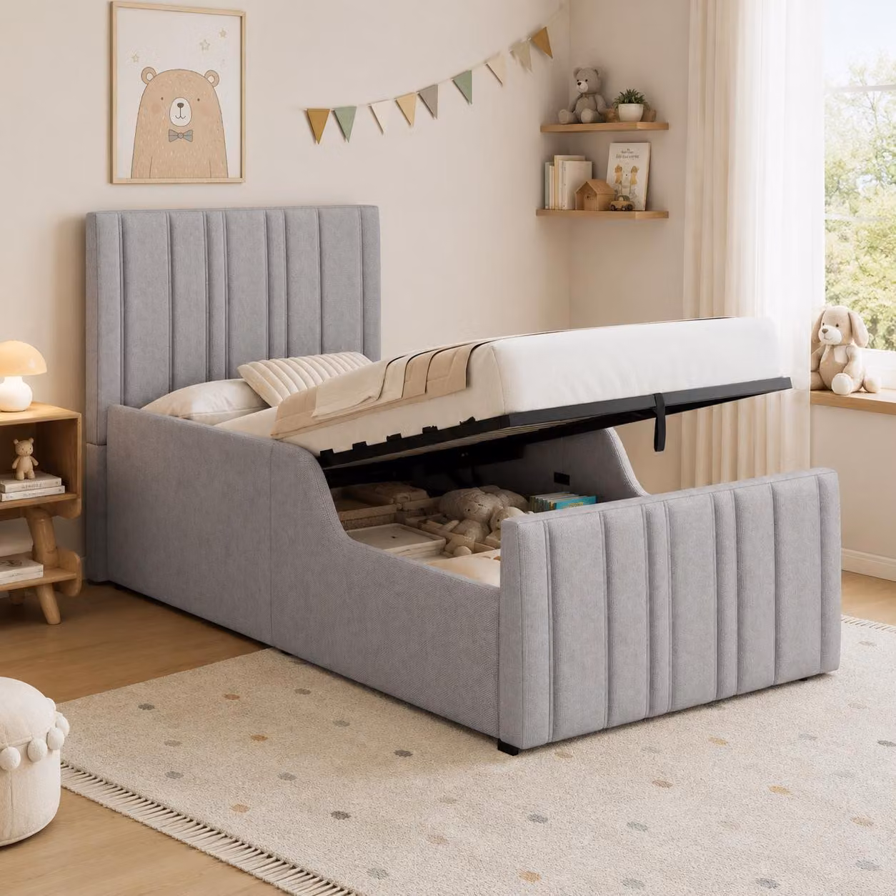 Letto matrimoniale idraulico Merax 90x200 cm con spazio contenitore, letto singolo, letto multifunzione con rete a doghe, testiera imbottita, tessuto in lino, colore grigio