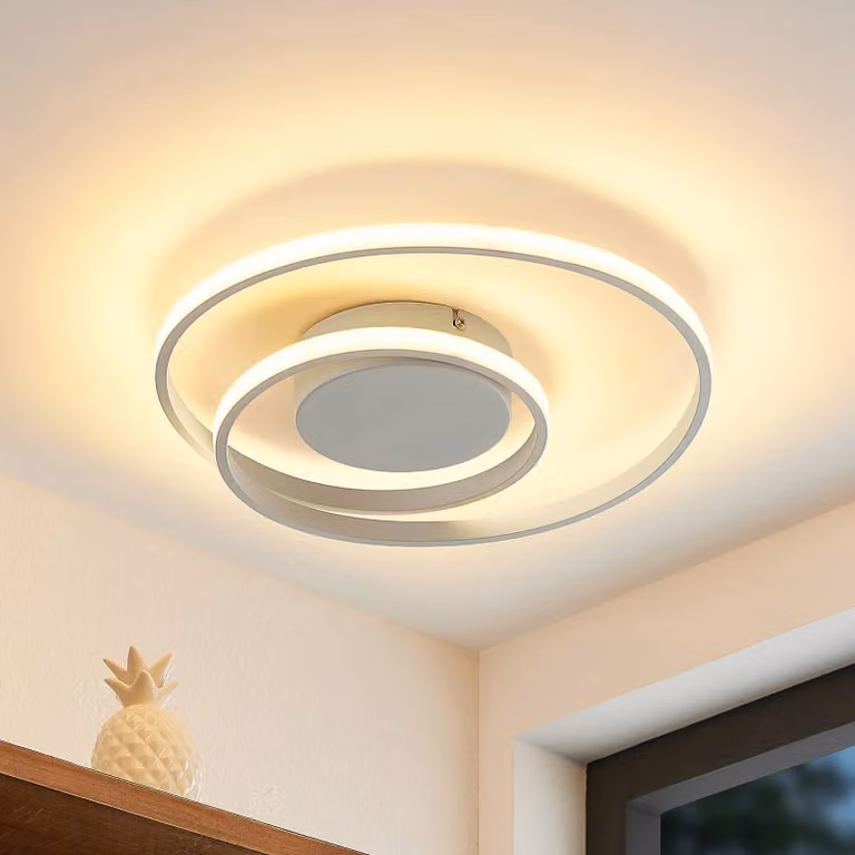 Plafoniera a LED Emisua Lindby, dimmerabile, Bianco / Opale, Soggiorno / Sala da pranzo, Alluminio, Moderno, Plafoniera LED