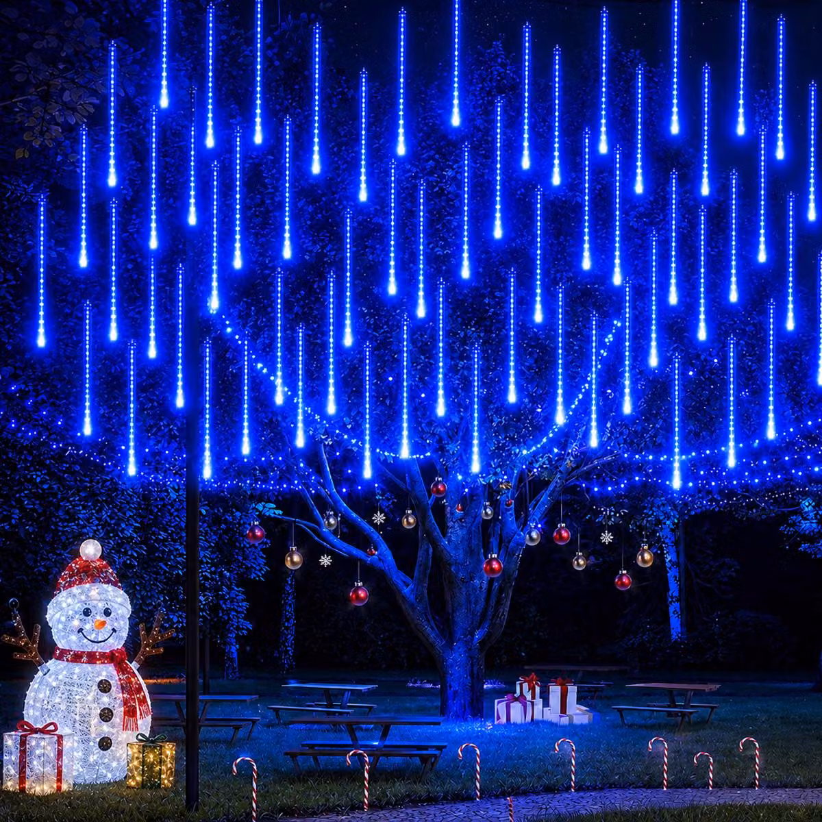 Catena luminosa a LED effetto "pioggia di meteoriti", impermeabile, per uso esterno, ideale per decorazioni natalizie, matrimoni, feste, giardini e alberi. Lunghezza 50 cm, 8 tubi, colore blu