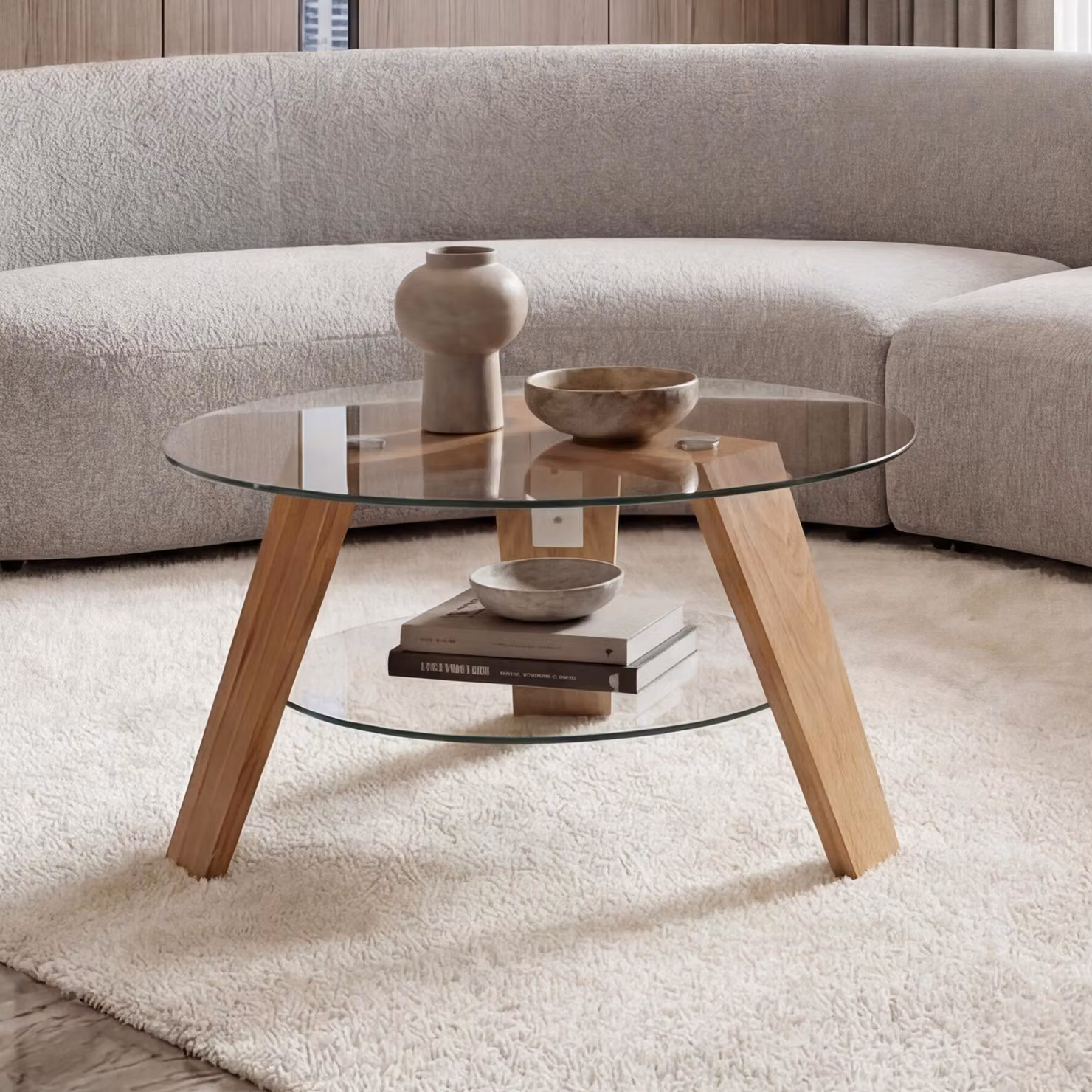 Tavolino MCA HWC-P59, tavolino tavolino da salotto, legno massiccio vetro rotondo Ø 75cm, rovere