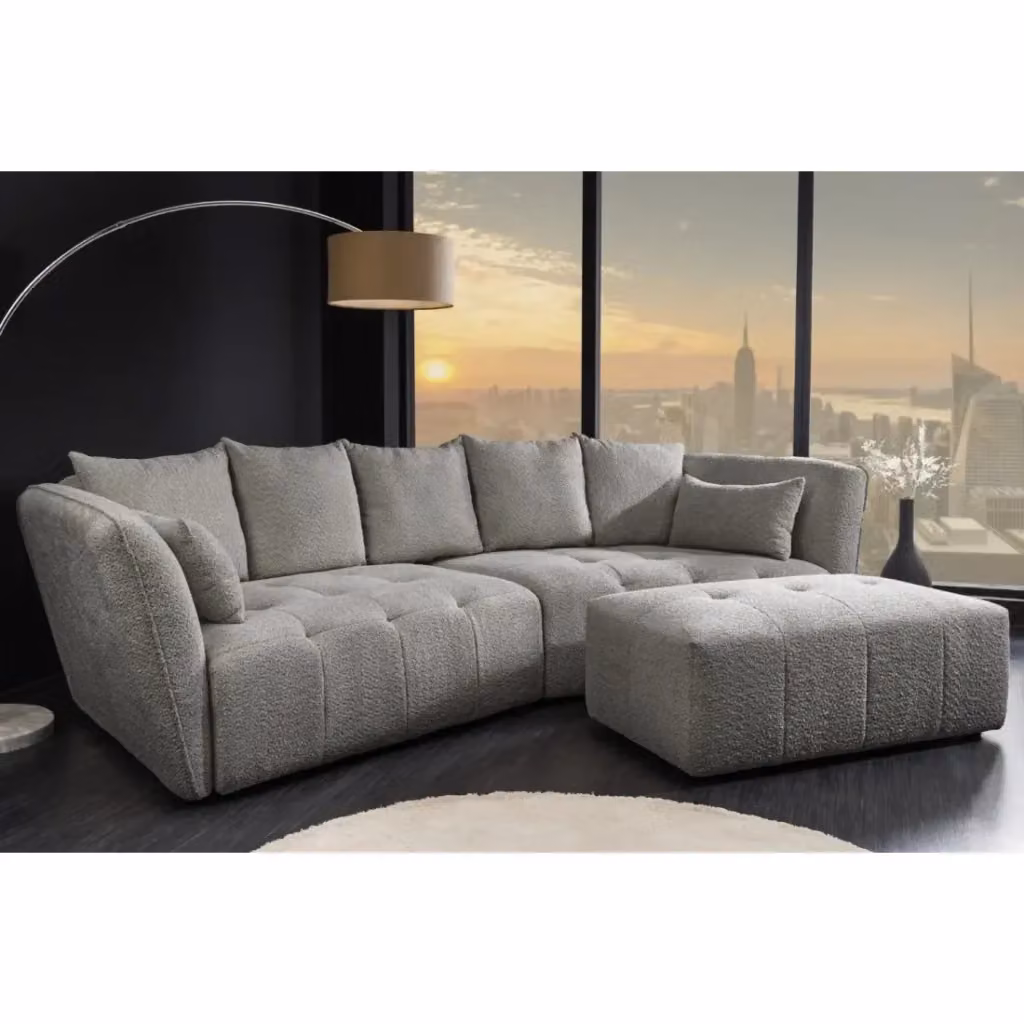 Divano modulare a L con pouf IMPERIA Meublorama grigio in tessuto bouclé con struttura in legno massello – 2