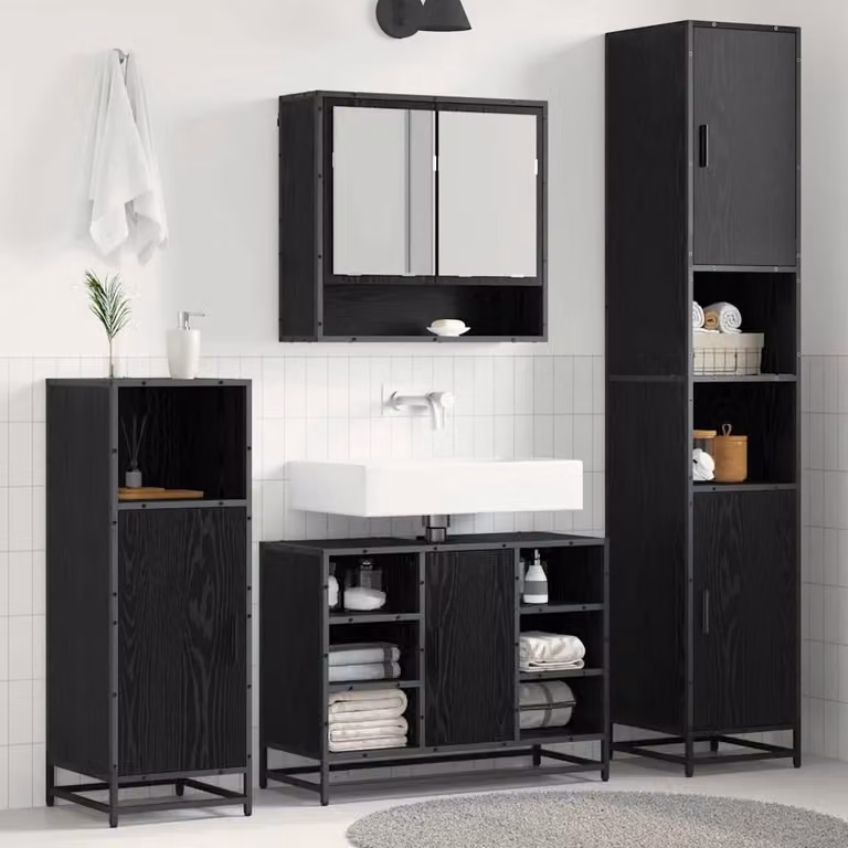 Set di mobili per il bagno moderno vidaXL 4 pezzi in rovere e nero con armadietto a specchio, mobile lavabo, mobile laterale e colonna alta