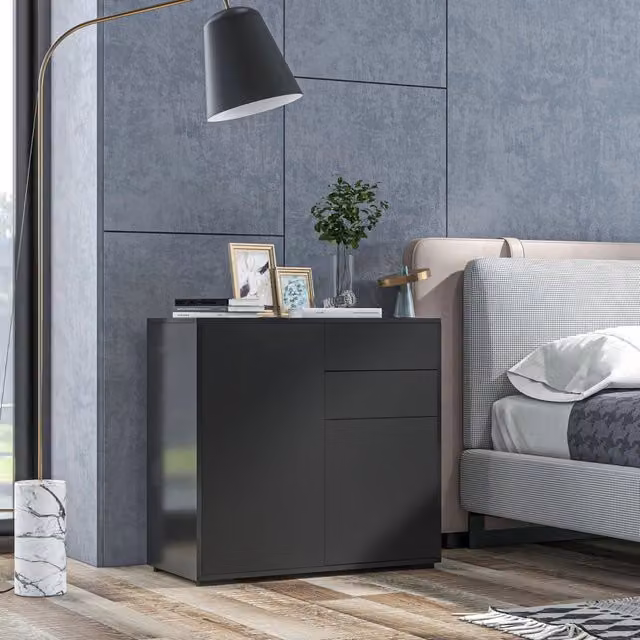 Madia con 2 cassetti e 2 ante ripiano regolabile in compensato nero per soggiorno e cucina 79 × 36 × 74 cm