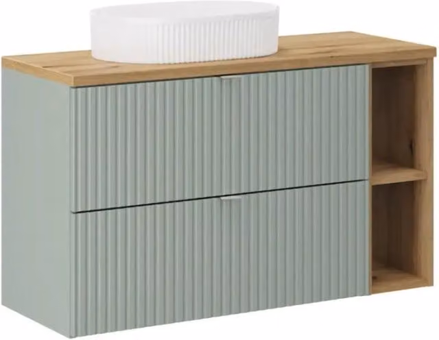 Insieme ELVINA 100cm: mobile sottolavabo con cassetti e nicchie a vista + piano per lavabo + lavabo da appoggio scanalato