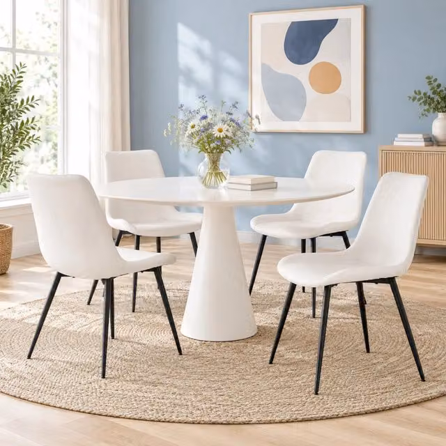 Set 4 sedie da pranzo ULEVR in similpelle PU bianca con struttura in metallo nero e piedini antiscivolo
