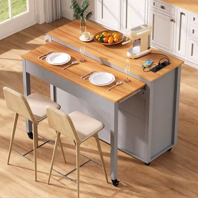 Isola cucina mobile con tavolo estendibile - Xylo - Grigio - Compartimento rifiuti e multipresa