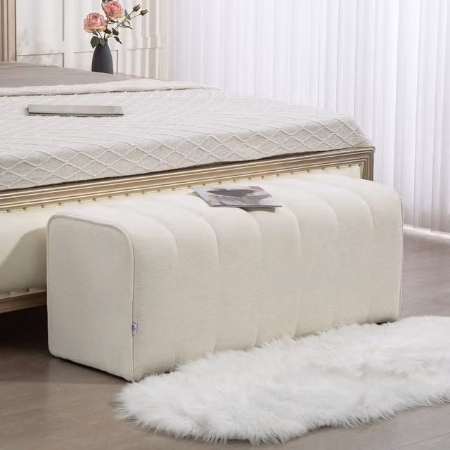 Panca da letto moderna WISHDOR imbottita in tessuto beige e bianco con struttura in legno e MDF, portata massima 220 kg, L: 120 cm, P: 40 cm, H: 44 cm