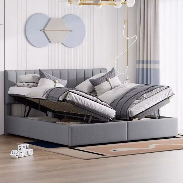 Letto matrimoniale 180 × 200 cm con contenitore idraulico, divisibile in due letti singoli, senza materasso, grigio