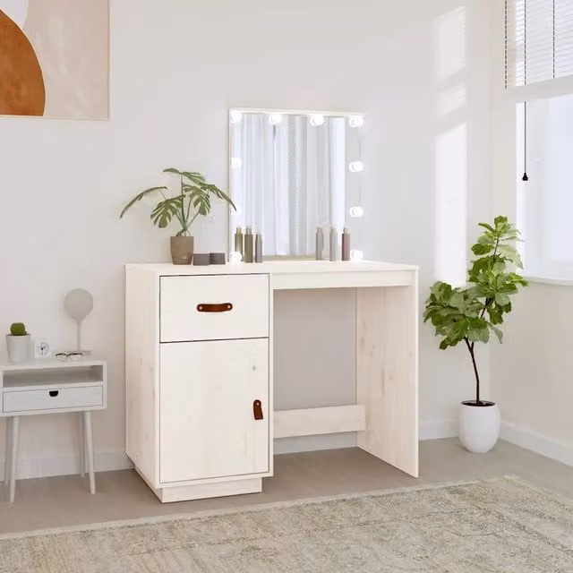 Toeletta Hollywood con LED bianca in legno massello di pino vidaXL L: 95 cm, P: 50 cm, H: 133,5 cm