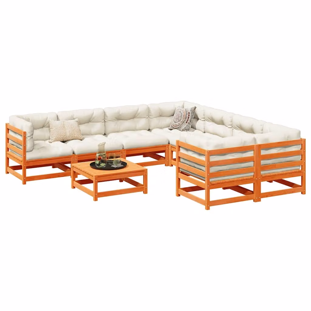 vidaXL Set di Divani da Giardino 9 Pezzi in Legno di Pino Massello Trattato con Cuscini Marrone e Bianco