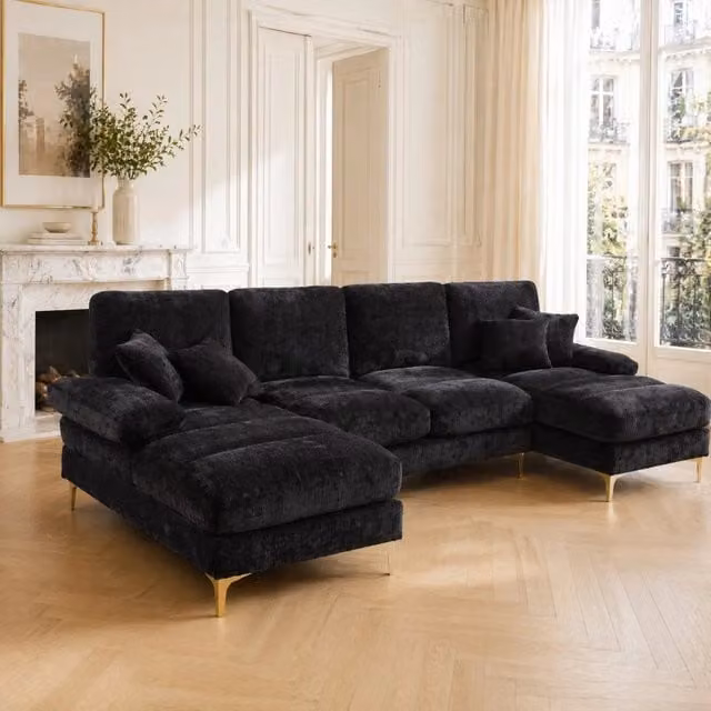 Divano modulare a U in ciniglia nero 272x136x88 cm con doppia chaise longue