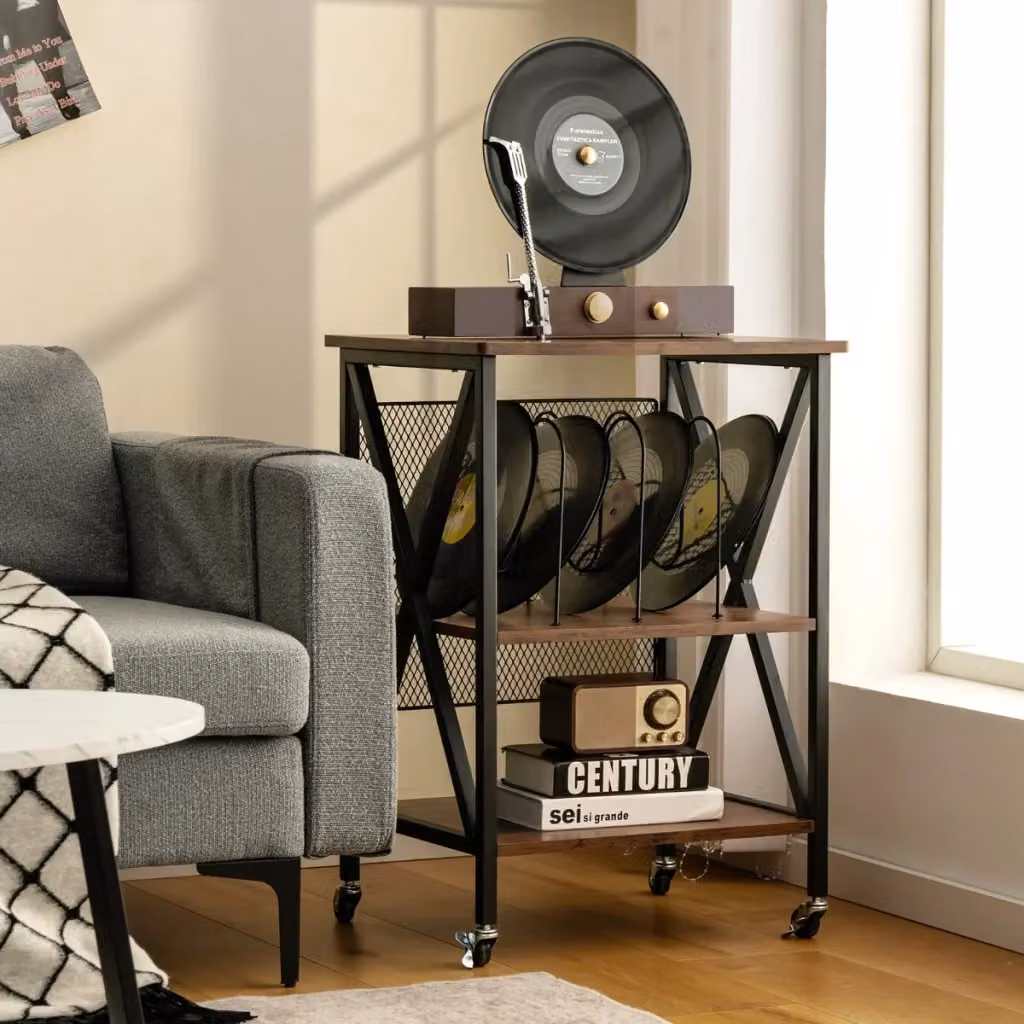 Supporto per giradischi Design Mania in stile retro con struttura in metallo e legno, colore marrone, L 75,0 cm x P 52,0 cm x H 45,0 cm – 2