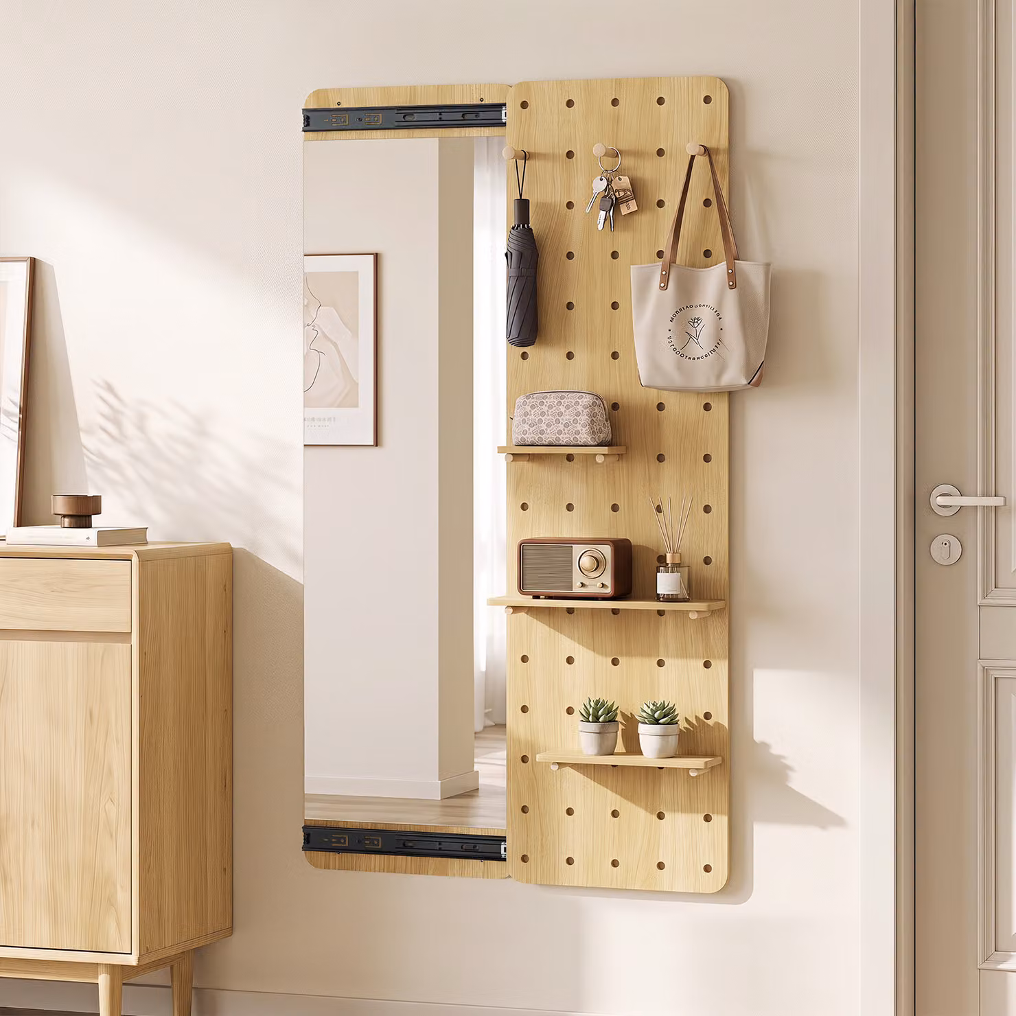 Specchio da parete Costway con pannello forato in legno, ganci e ripiani rimovibili, set portaoggetti moderno per ingresso e camerino, marrone e beige