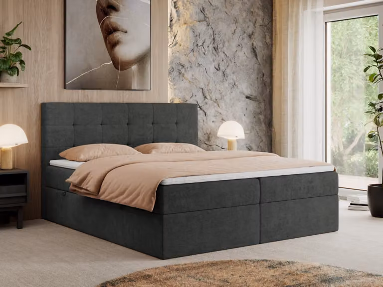 MKS MEBLE letto a molle 180x200 con rete e materasso H4, letto imbottito 180x200 con rete, letto 180x200 con contenitore e topper - Centos - Struttura grigio scuro