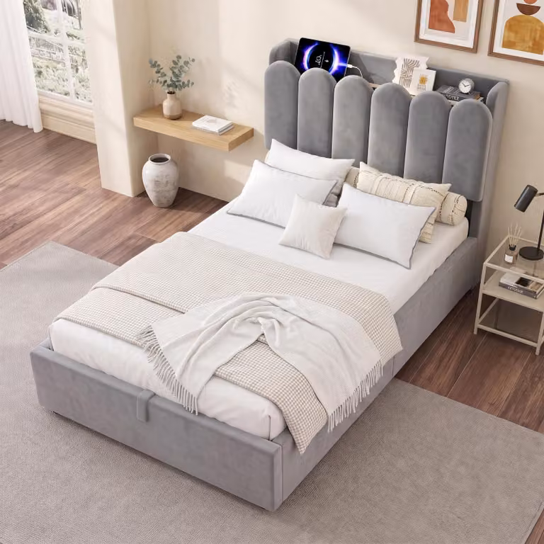 Letto imbottito okwish 90x200 con materasso e lampada da lettura, letto per ragazzi con stazione di ricarica USB e Type-C, letto singolo con contenitore, colore grigio