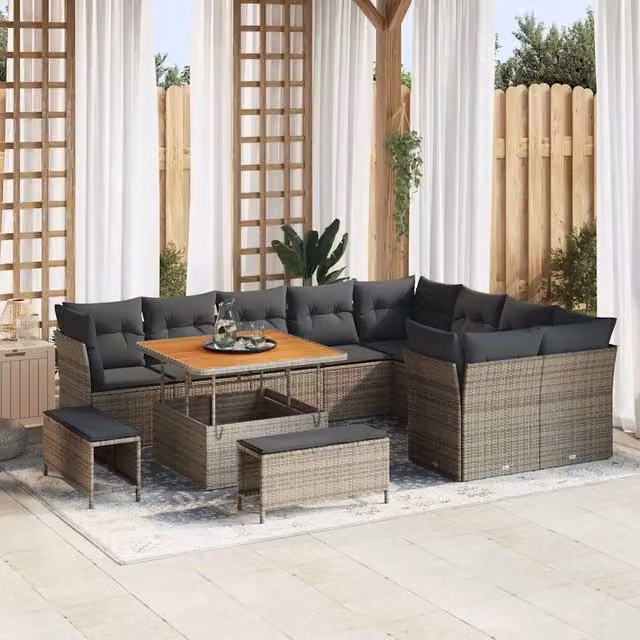Set Divano da Giardino a Forma di U vidaXL Grigio con Cuscini e Tavolino da Esterno in Polyrattan e Acciaio – 1