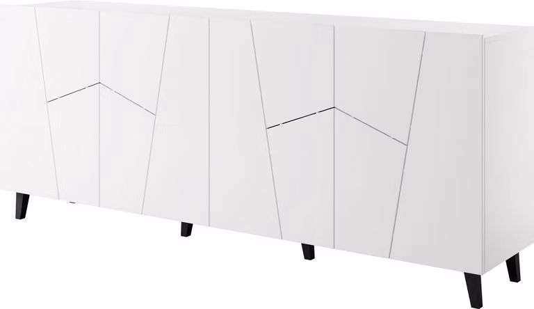 Cassettiera ETOS 200 cm 4D WHITE MATT con gambe nere Credenza a 4 ante in MDF credenza alta scaffali aperti buffet moderno glamour, stile moderno