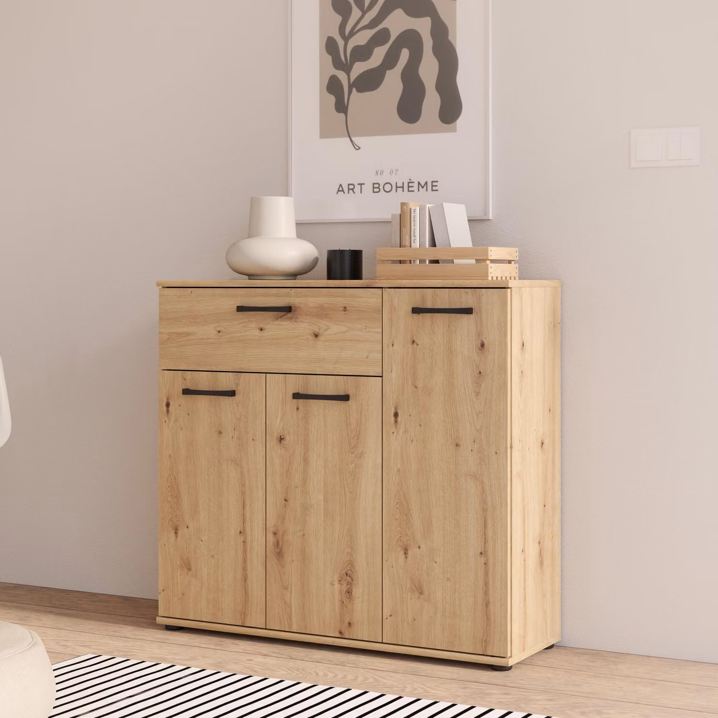 Comò Forte NIKO, stile scandinavo, con 3 ante e 1 cassetto, realizzato in materiale composito, ideale per soggiorno o camera da letto, finitura effetto legno "Artisan Rovere", dimensioni: 89,6 cm di larghezza x 81,7 cm di altezza x 29,1 cm di profondità