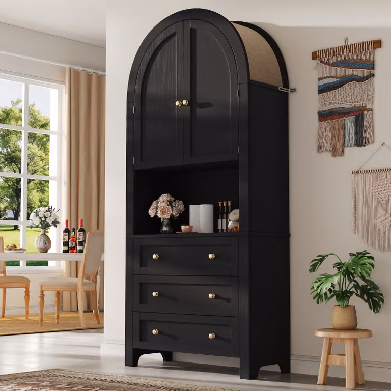 okwish Mobiletto da cucina con cassetti, mobile alto con ante, mobile da cucina con sezione espositiva aperta, nero
