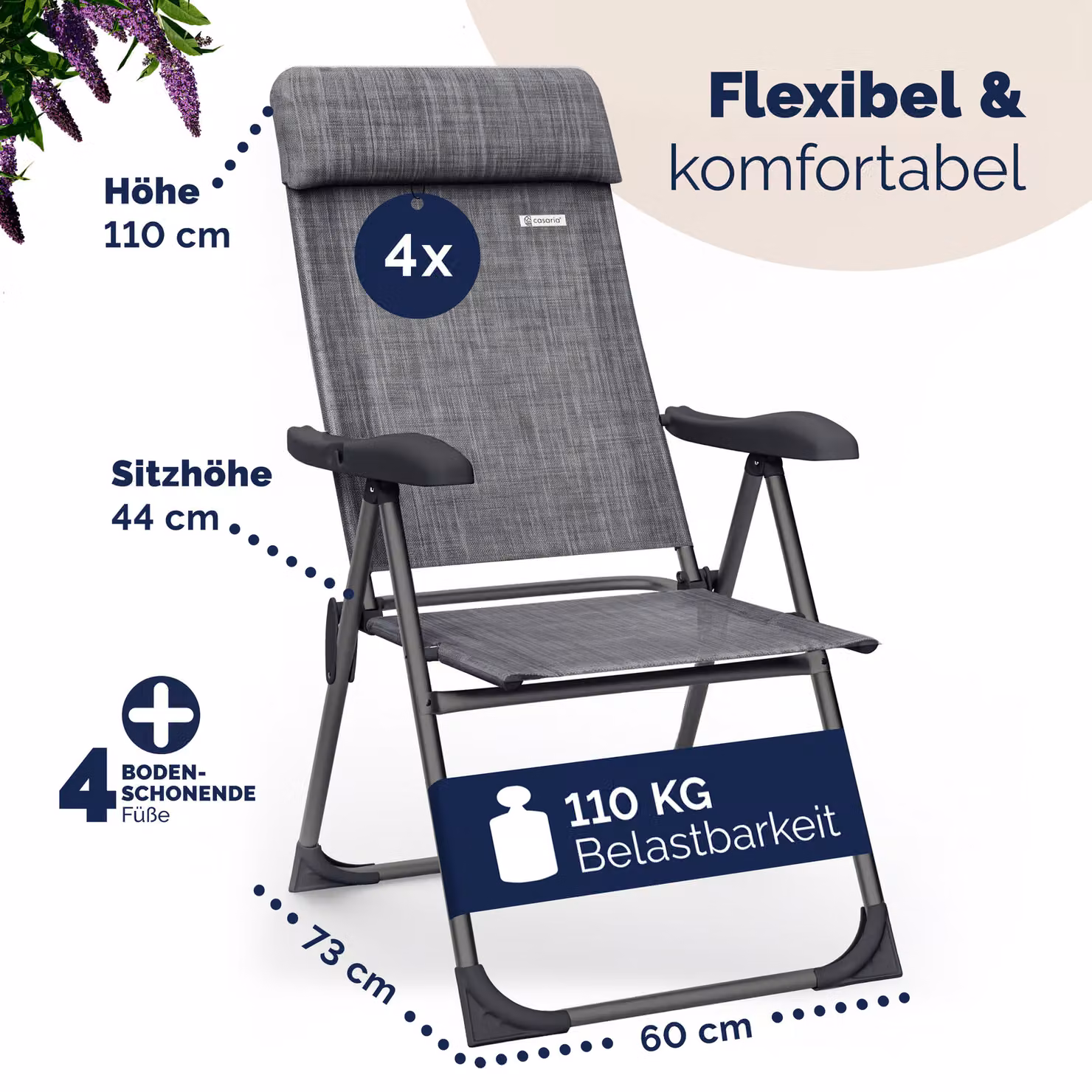 Set di 4 sedie da giardino pieghevoli Casaria con cuscini rimovibili in alluminio e tessuto grigio – 2