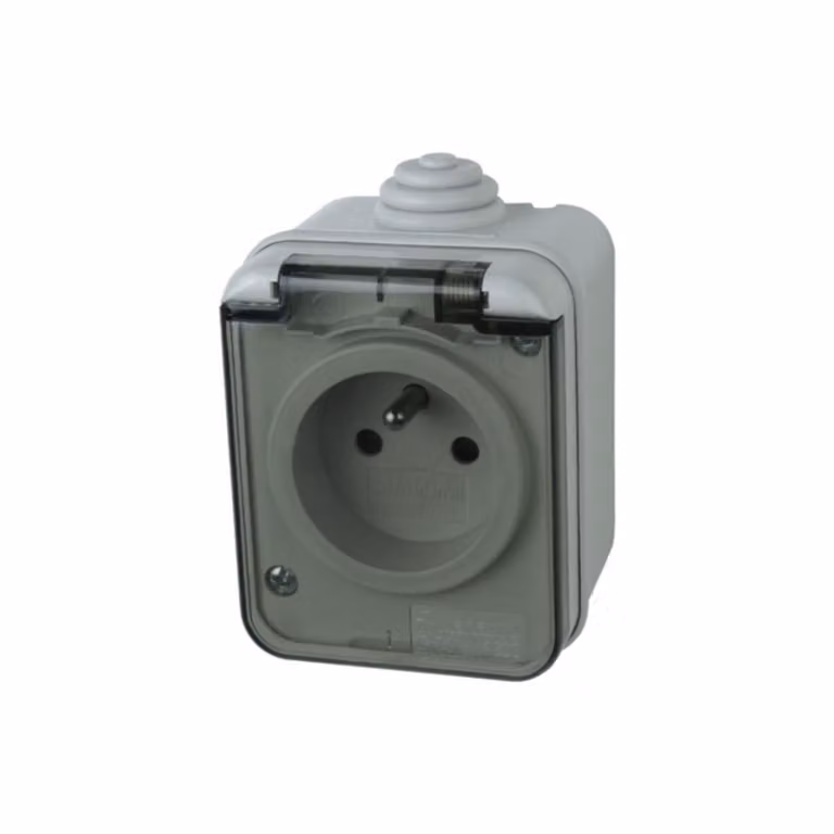 Presa di corrente sistema belga/francese con coperchio incernierato Coperchio incernierato montato in superficie IP44 grigio 1592.FR M-L 1175