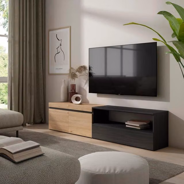 Mobile TV, 200x35x45cm, soggiorno, Per TV fino a 80", Mobile Soggiorno, colore Rovere e nero RF2262