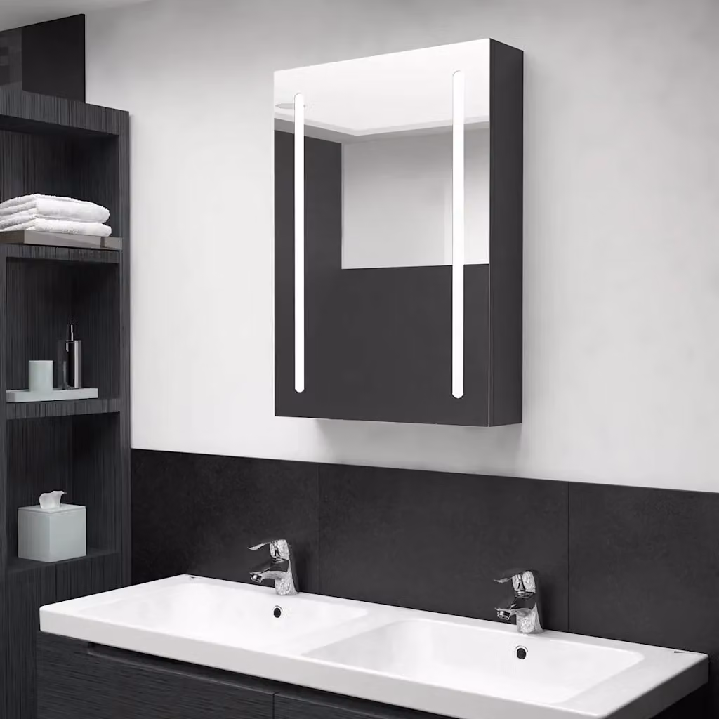 Armadietto da bagno moderno nero lucido con specchio, illuminazione LED e ante soft-close, L: 50 cm, P: 13 cm, H: 70 cm – 2