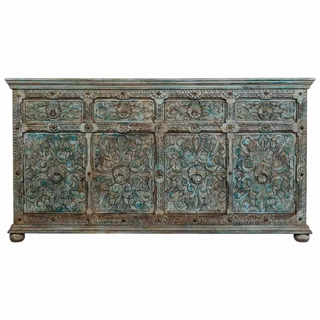 Credenza Wanderlust Deco in legno di mango blu con intagli floreali L: 100 cm, P: 45 cm, H: 96 cm – 2