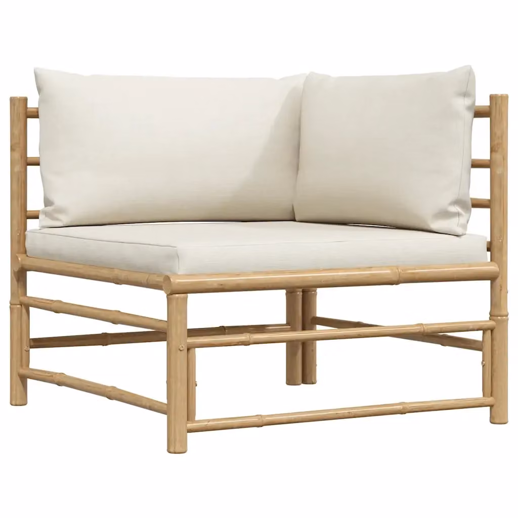 Divano Angolare da Giardino Design Mania in Bambù con Cuscini Bianco Crema – 2