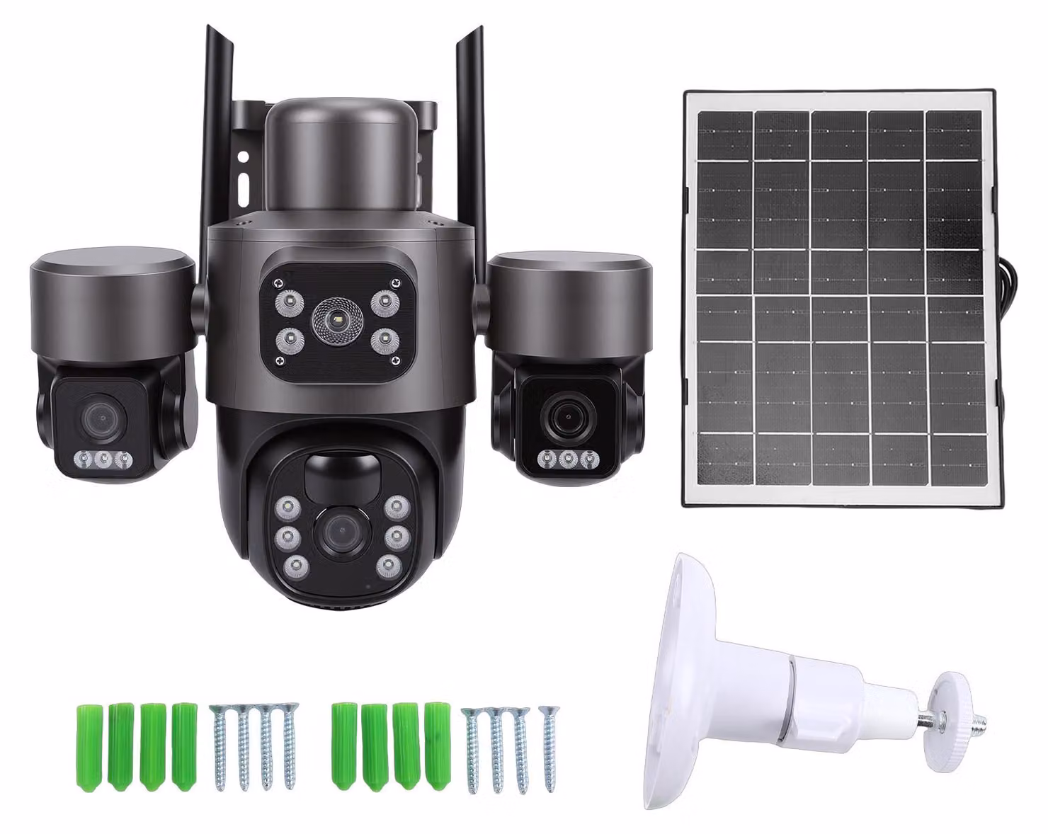 Telecamera di sorveglianza solare con 3 obiettivi, 6 MP, HD, angolo di visione a 360 gradi, IP66, impermeabile, rilevamento del movimento, Wi-Fi, intelligente per esterni
