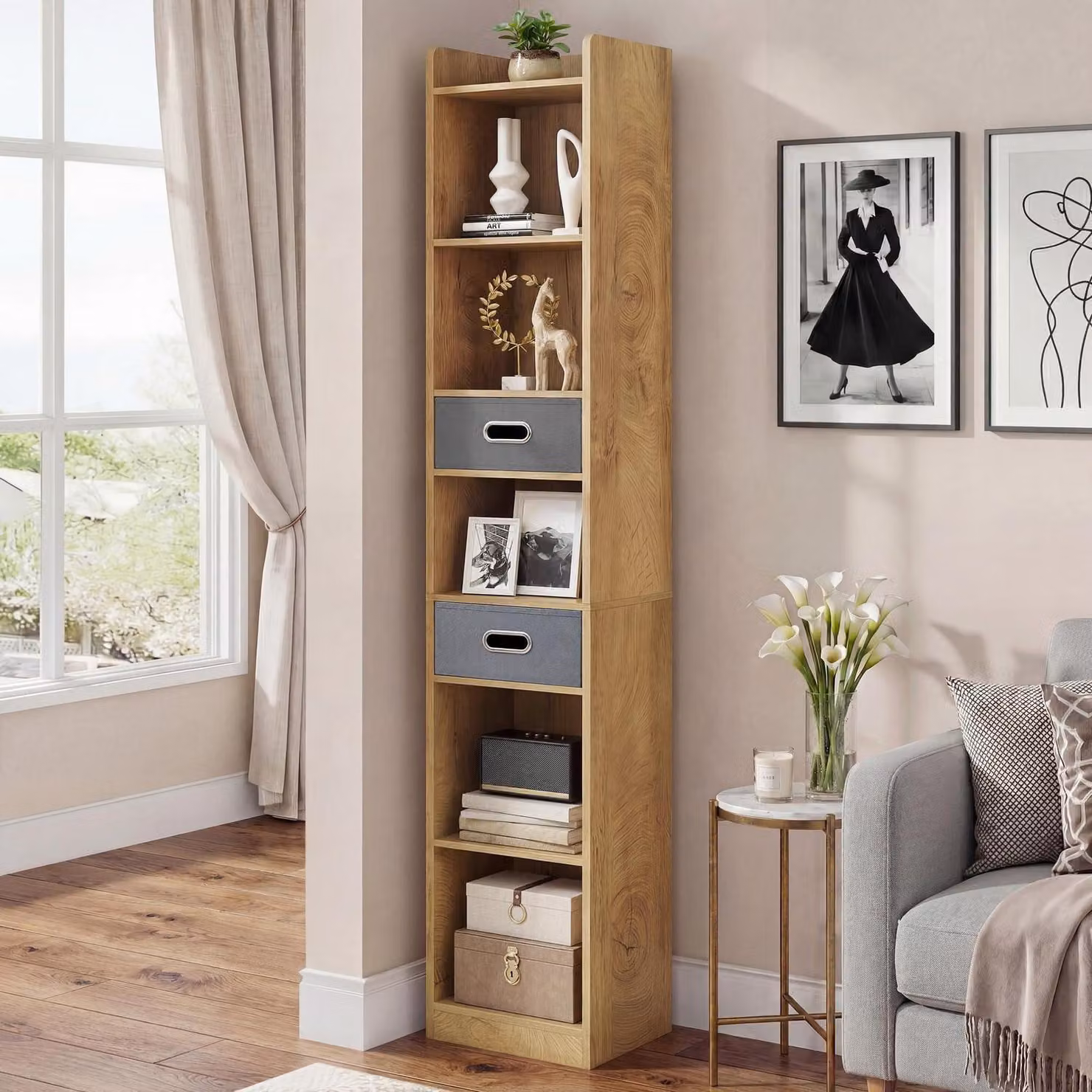 Libreria a 5 ripiani con 2 cassetti in tessuto, design stretto, libreria angolare, finitura noce, dimensioni 30x24x180 cm