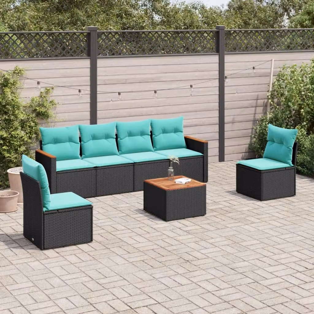 Set da giardino vidaXL composto da 7 pezzi con cuscini blu e struttura in rattan e metallo nero