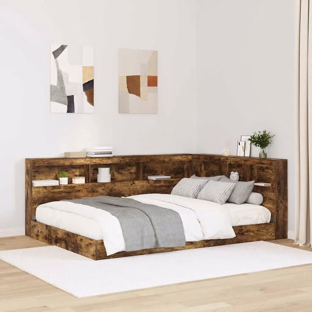 Testata letto con contenitore vidaXL in legno ingegnerizzato e metallo, colore marrone, con ripiano integrato e porta di ricarica USB, L: 207.5 cm, P: 152.5 cm, H: 76.5 cm