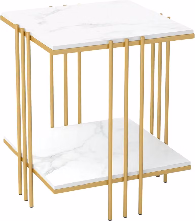 Bolt Edge Tavolino decorativo – Quadrato – Piano in pietra sinterizzata effetto marmo – Doppio ripiano con spazio contenitivo – Colonne dorate e struttura in metallo – Soggiorno