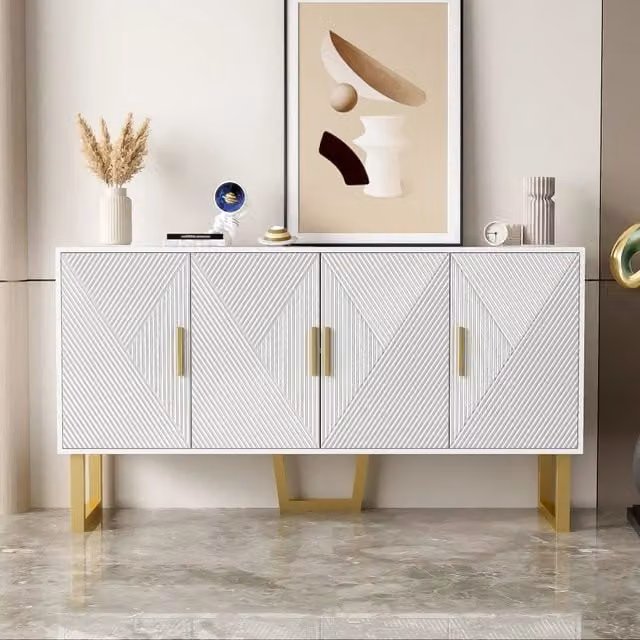 Credenza e madia 4 ante con ripiani regolabili, bianco lucido e gambe dorate, per soggiorno e pranzo, 150 × 40 × 82 cm