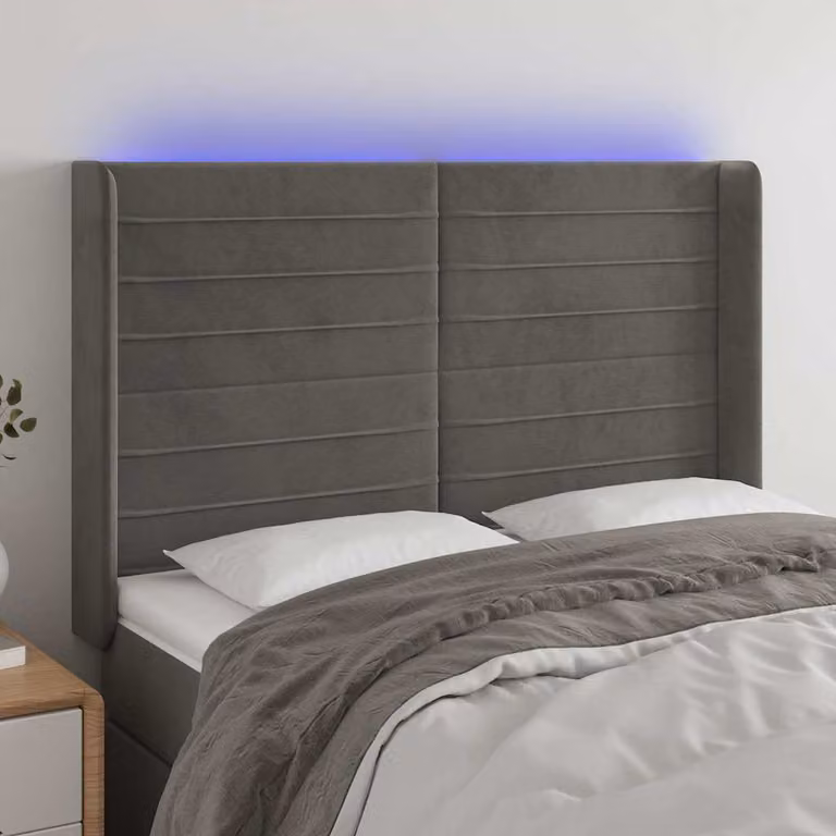 Testiera per letto vidaXL in velluto grigio con illuminazione LED e porta di ricarica USB, L: 147 cm, P: 16 cm, H: 118/128 cm