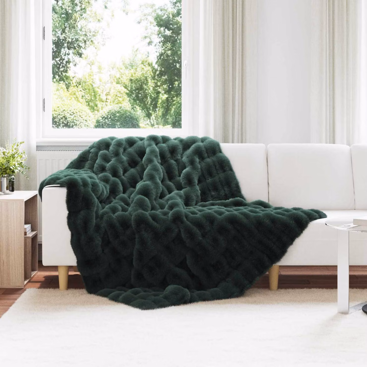 Set di 4 copertine antiscivolo vidaXL Olite in finta pelliccia di coniglio verde, L/P: 220 x 150 cm – 1