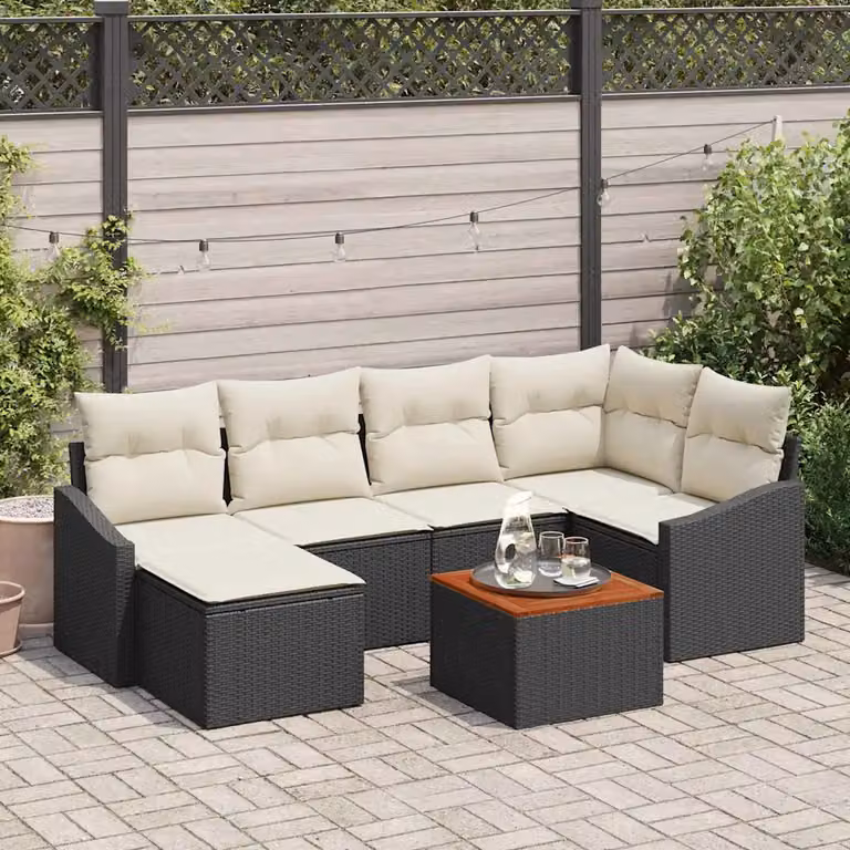 Set Divano da Giardino vidaXL 7 Pezzi in Polyrattan con Cuscini Nero e Beige