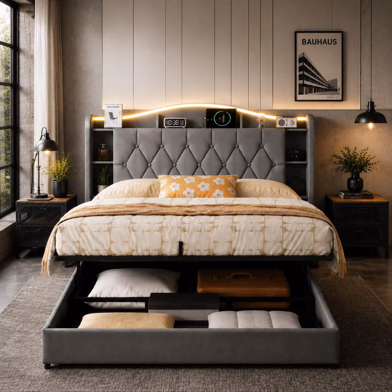 Letto imbottito INONEFT, 140x190 cm, con illuminazione LED, porte USB di tipo C e tradizionali, letto con sistema di sollevamento idraulico e 7 vani portaoggetti integrati nella testiera, rivestito in velluto, colore grigio