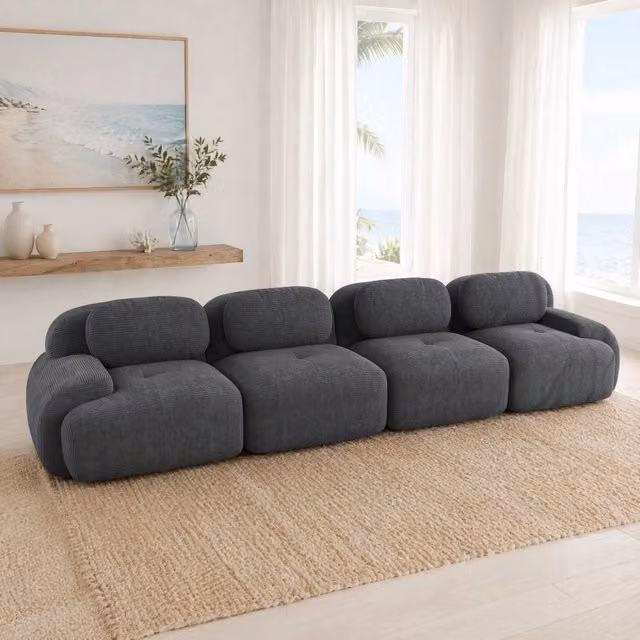 Divano angolare modulare 4 posti 388x103x70 cm in tessuto di velluto a coste grigio