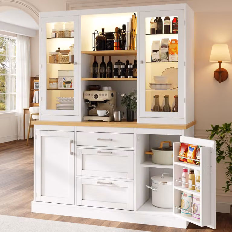 Mobile da cucina Flieks con illuminazione a LED controllata tramite app, mobile alto con 3 cassetti e ripiani regolabili, mobile alto 140x40x185 cm, bianco