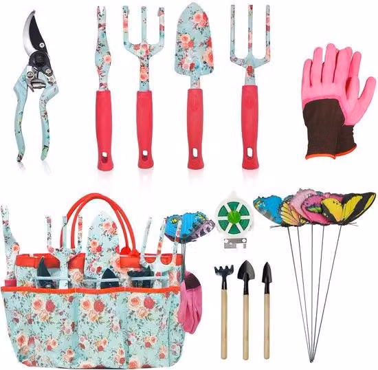 Set di 16 utensili da giardino Unyqoos® per fiori e piante, completo di borsa in cotone lavabile, forbici Acciaio al carbonio, lega di alluminio e impugnature in TPR