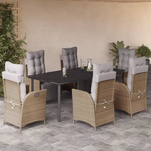 Set da pranzo da giardino vidaXL in polyrattan con tavolo in vetro e 7 pezzi, colori nero, beige e grigio – 1