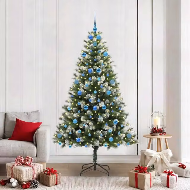 Albero di Natale artificiale vidaXL con rami snodati imbiancati, luci LED bianco caldo, verde e bianco, in PVC e metallo