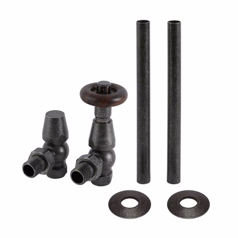 Kit completo di valvole termostatiche angolari tradizionali Regent con finitura peltro in ottone e plastica, colore argento/grigio
