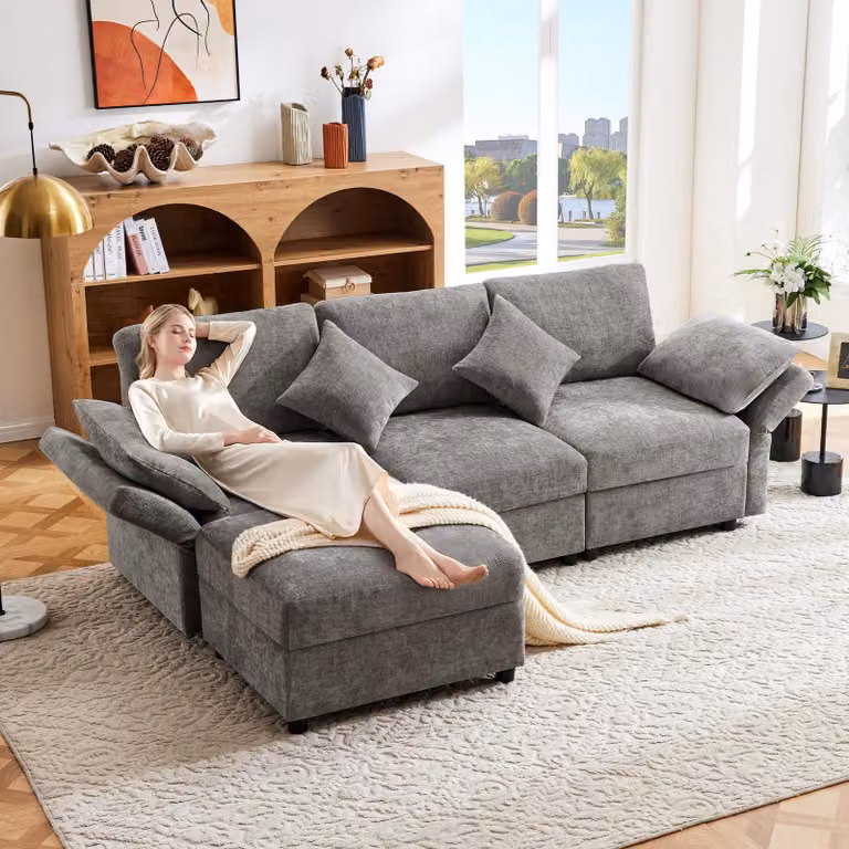 Divano angolare Merax, Soffa a L con funzione letto, 4 cuscini, poggiapiedi, braccioli regolabili, divano da salotto, set di divani, lino, grigio