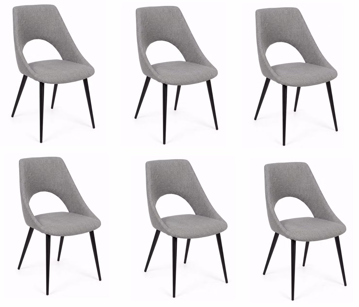 Eleganti sedie da pranzo, set di 6, colore grigio, rivestimento in tessuto, gambe nere, design moderno